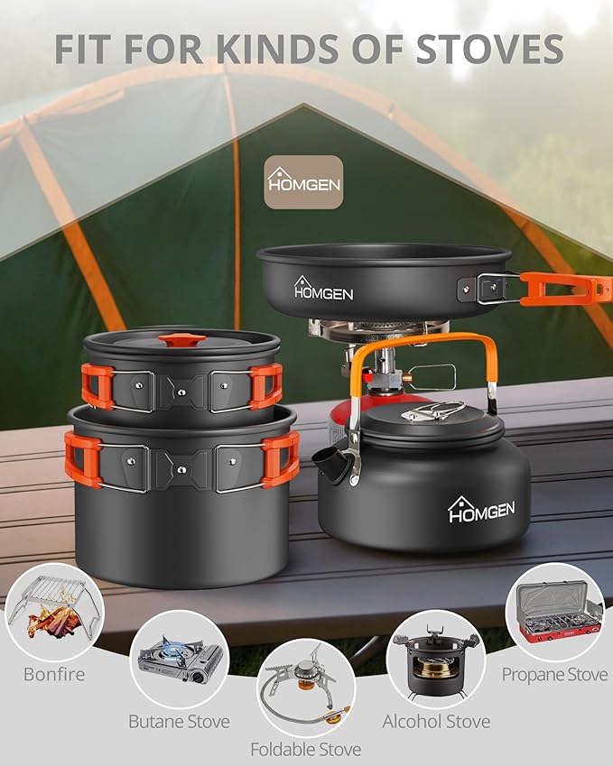 HOMGEN Portable Camping Cookware Set-Lightweight Aluminum Camp Pots and Pans Kit-Comes with Non-Stick Pots/A Frying Pan etc-Complete Camping Mess Kit for Camping/Hiking/Fishing & Other Outdoor Trip