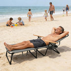 Folding Outdoor Chaise Lounge Chair, Portable Camping Cot with Headrest, 4 Position Beach Lounge with Cup Holders & Wooden Armrests, Sun Tanning Chair for Patio Pool Lawn, Supports 350lbs (Grey)