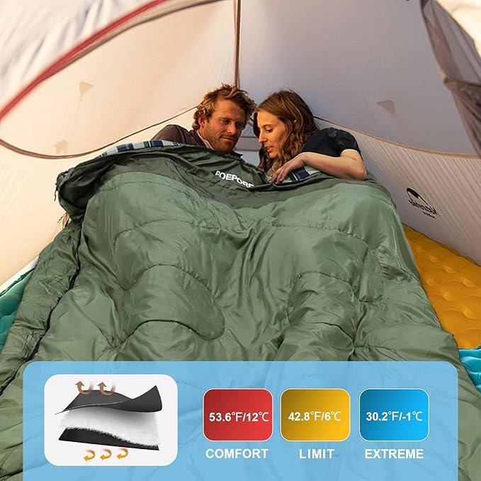 Double Sleeping Bag Flannel for Adults with 2 Pillows 2 Person Sleeping Bags Camping XXL Queen Size Two Person Sleeping Bag for Cold Weather