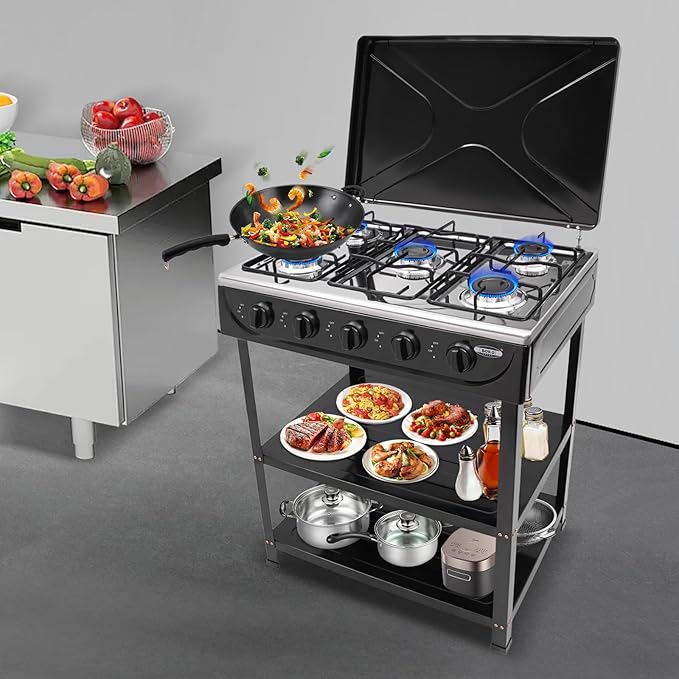 Gas Stove 5 Burner, Portable Natural Gas Stove Outdoor Camping BBQ Stove Gas Cooker with 2 Tier Storage Rack, for RV, Apartment, Outdoor Cooking (Black, 5-Burner)