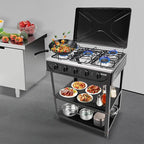 Gas Stove 5 Burner, Portable Natural Gas Stove Outdoor Camping BBQ Stove Gas Cooker with 2 Tier Storage Rack, for RV, Apartment, Outdoor Cooking (Black, 5-Burner)