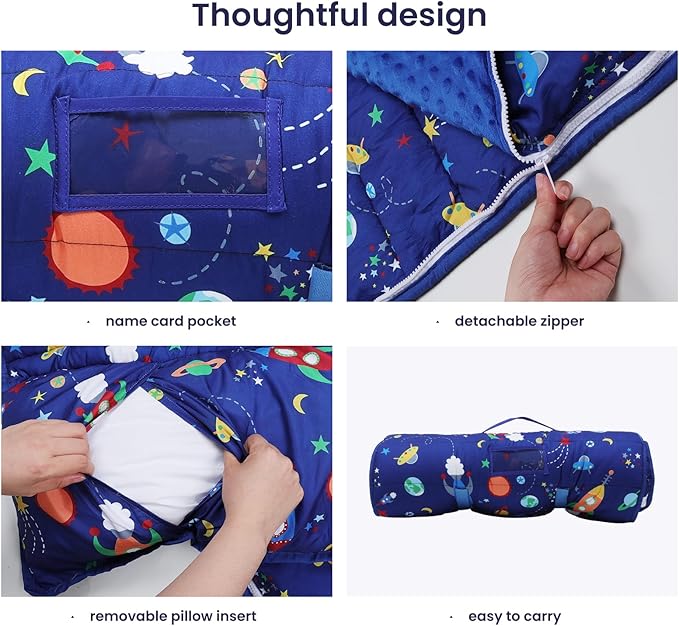 Kids Nap Mat Portable Slumber Bags with Removable Pillow and Blanket for Girls Boys, Lightweight Extra Large Sleeping Bag for Preschool Camping Daycare