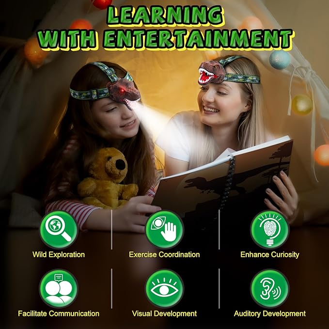 Upgraded Rechargeable Dinosaur Headlamp for Kids, Led Flashlight for Boys or Girls Outdoor Camping Gear, Roar & Silent Mode- Ideal Gift for Birthday, Halloween, Christmas