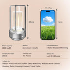 Portable Metal Table Lamp, 4000 mAh Rechargeable Outdoor Table Lights, 3 Color Stepless Dimmable Cordless Table lamp for Patio, Camping, Coffee Samll Desk Lamp for Indoor/Outdoor (Silver)