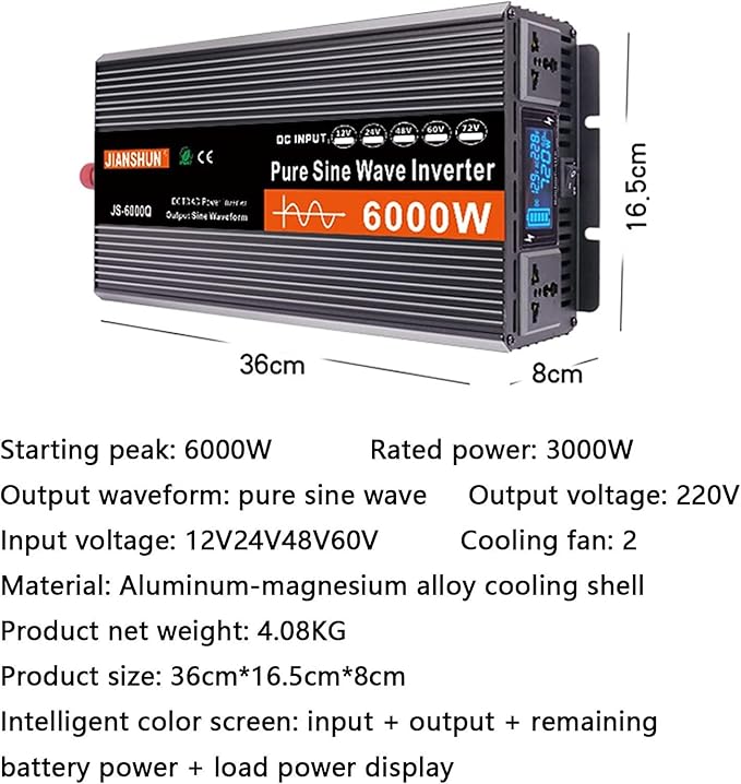 3000W 4000W 5000W 6000W (Peak)Pure Sine Wave Power Inverter, Intelligent Solar Power Inverter 12V/24V/48V/60V DC to 220V~240V AC Converter with LCD Display, AC Outlets ,for RV Truck Camping,6000W-60V
