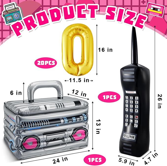 Cunhill 22 Pcs 80s 90s Party Decorations Include Inflatable Boom Box Beverage Cooler, Inflatable Mobile Phone and 20 Gold Foil Chain Balloons for Hip Hop Theme Supplies Cosplay Props