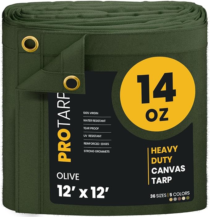 PROTARP Heavy Duty 14 OZ Water Resistant Canvas Tarp, UV Resistant Tarpaulin Cover with Rustproof Brass Grommets, Multipurpose for Canopy, Roof, Camping, Woodpile (Olive 12'X12')