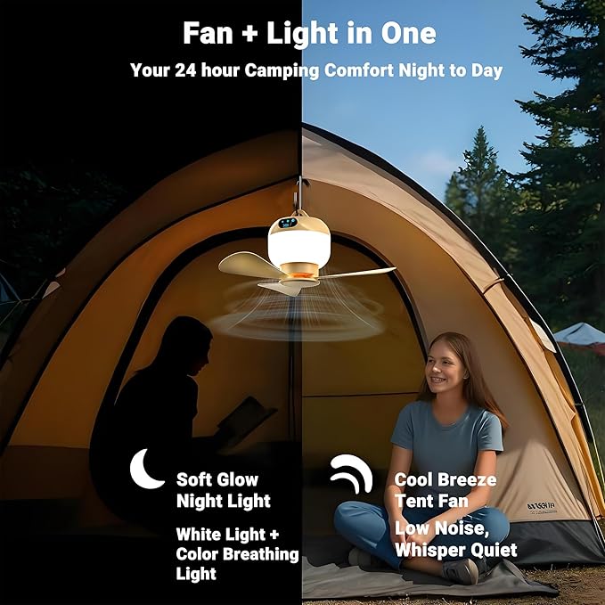 Camping Fan with Light & Remote, Portable Ceiling Fan for Tents, Canopy, Beach, RV, Car, Camper & Outdoor, Wireless Rechargeable Hanging Pop Up Tent Fans - 3 Speed Breeze & Timer