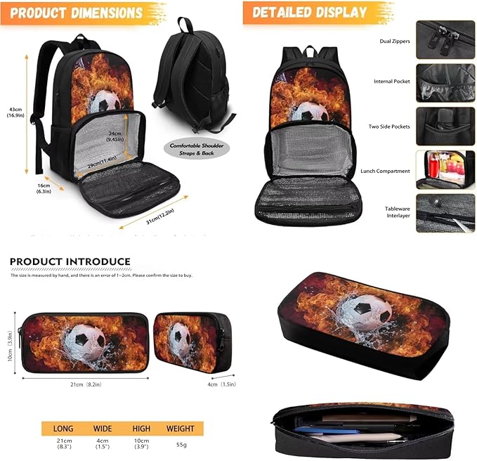 Soocer Backpack for School Boys Bookbag and Pencil Bag for Middle School Elementary Schoolbags, 2 Pcs School Bag with Lunch Box Compartment