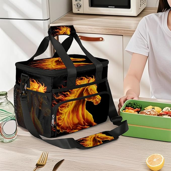 Flame Animals Horse Soft Cooler Bag Insulated Lunch Box for Men & Women, Large Leakproof Lunch Bag Portable Beach Cooler for Work, Picnic, Road Trips,Fishing, Travel, Camping,A-16