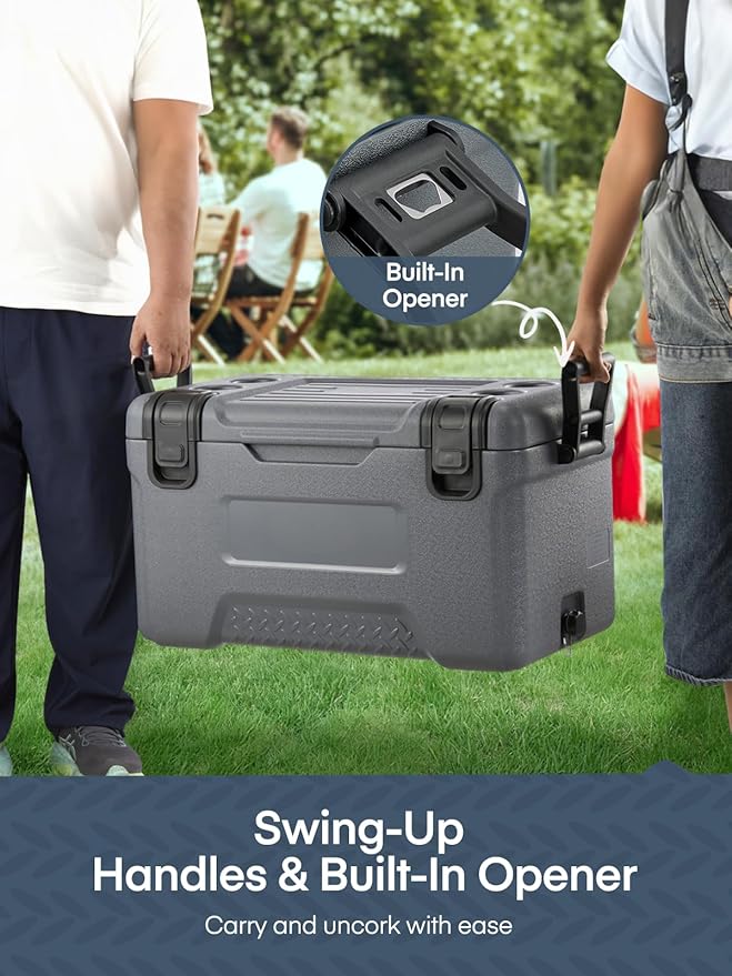 Cooler, Portable Hard Cooler with Dual Latches, Insulated Ice Chest with Swing-up Side Handles, Molded Ruler＆Cup Holders, Coolers Keeps Cool up to 6 Days, Camping Fishing Road Trips Beach, 47.5 QT