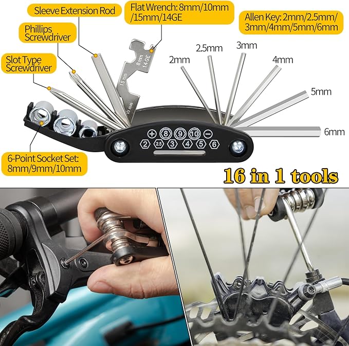 Bike Repair Kit, Bicycle Repair Bag With Tire Pump, Bike Tool Kit for Camping Travel, 16-in-1 Bike Multitool, Bicycle Tire Repair Kit, 4mm and 5mm Allen Wrenches, Used for Mountain Bike and Road Bike