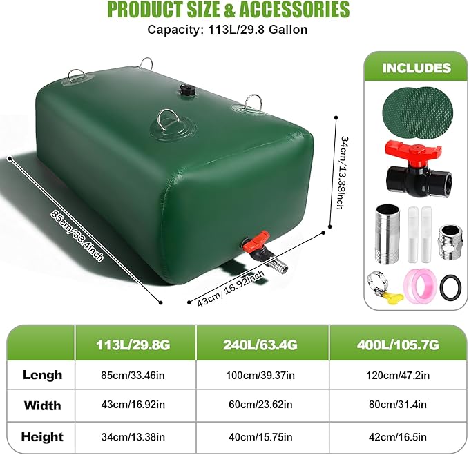 113L/29.8Gallon Water Storage Bladder, Foldable Portable Water Bladder Tank, Large Capacity Water Bag Container for Camping, Truck, RV, Emergency, Outdoor