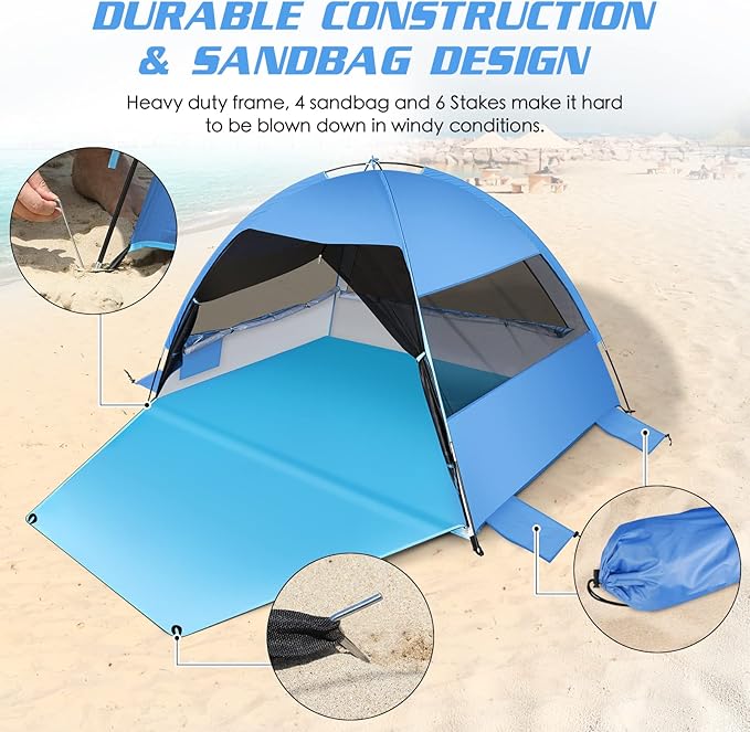 Large 3-4 Person Beach Tent - UPF 50+ Anti-UV, Easy Setup with Extended Floor & Mesh Windows, Portable for Camping Fishing (Blue)
