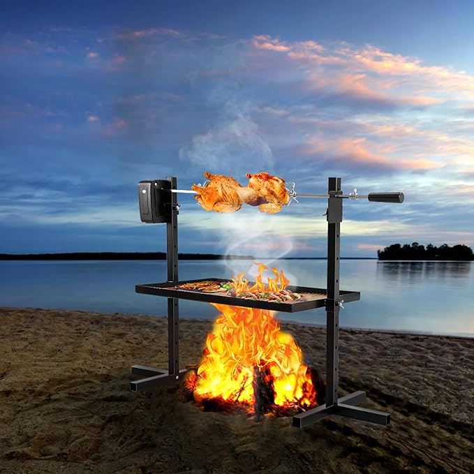 Rotisserie Grill Kit Tripod Rotisserie Stand, 29" Roaster Charcoal Spit With Portable DC 3V Motor Motor & Adjustable Height For Outdoor Camping Party