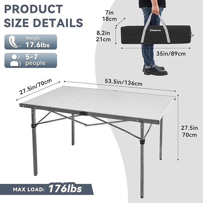 KingCamp Padded Oversized Camping Chair Camping Table Folding Portable Table for Indoor Outdoor Picnic Backyard, 53.5"X27.5"