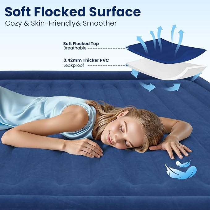 Queen Air Mattress with Built in Pump, 18" Raised Comfort, Multi-Layer Leakproof, Heavy-Duty Support Blow Up Mattress, 800lbs High Capacity, 3 Min Inflation for Home Camping Guests