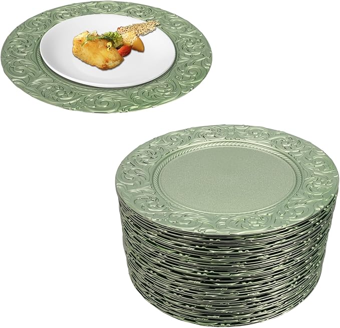 100 Pcs 13 Inch Green Charger Plates, Bulk PP Wedding Chargers with Floral Reef Design Decorative Round Ruffled Rim Dinner Plates for Wedding Party Event Table Setting Decoration