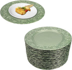 100 Pcs 13 Inch Green Charger Plates, Bulk PP Wedding Chargers with Floral Reef Design Decorative Round Ruffled Rim Dinner Plates for Wedding Party Event Table Setting Decoration