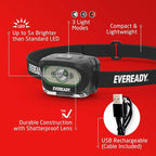 Eveready LED Light Rechargeable Headlight, 300 Lumen, IPX4 Water Resistant, Shatterproof Lens, Great Outdoor LED Headlight, Micro-USB Charging Cable Included