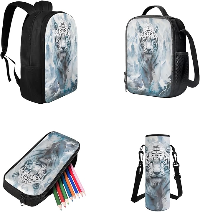 Tiger Backpacks with Lunch Box for Boys Back to School, 5th Grade Boy Backpack 4 PCS Set Lunch Box Large Water Bottle Holder Pencil Case for Kids Back to School
