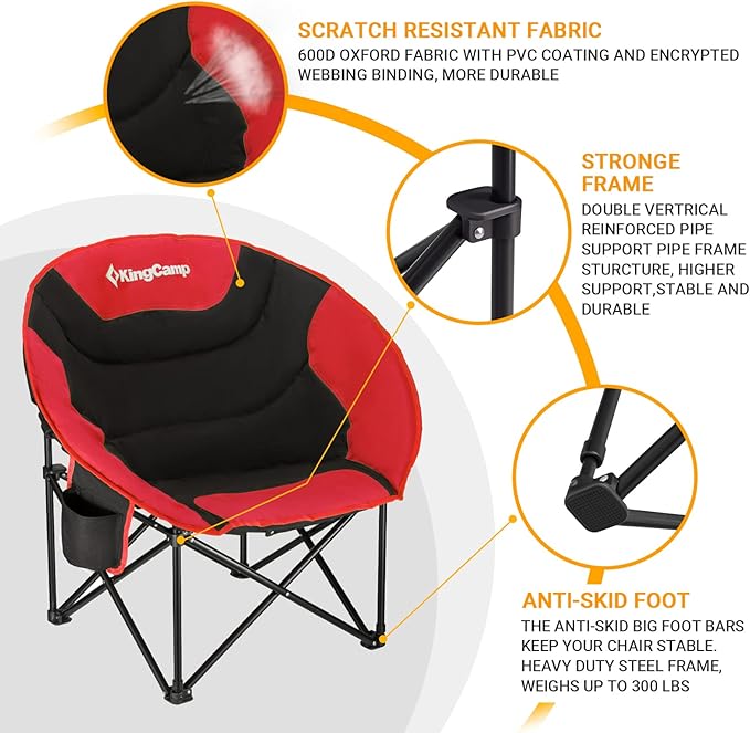 KingCamp Foldable Saucer Moon Lounge Chair with Cupholder Storage Pocket for Indoor Home or Outdoor Camping and Tailgating Use, Black/Red