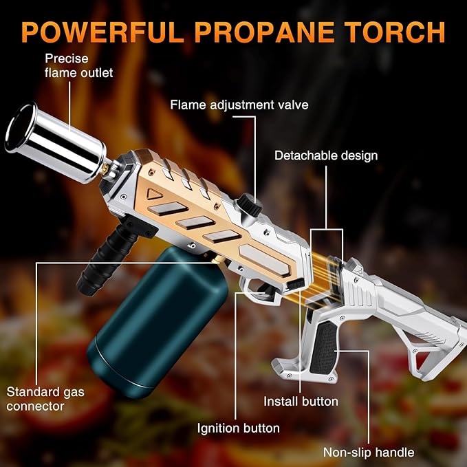Adjustable Propane Torch Gun – High-Temperature Flame Thrower for Soldering, Welding, Gardening, and Outdoor Cooking – Detachable Design, Easy to Use and Portable (Silver Gold)