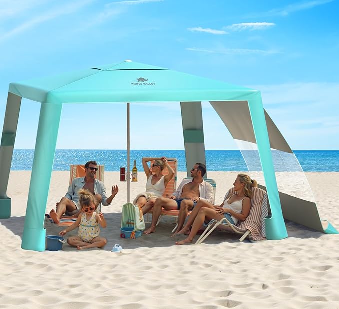 Rhino Valley Beach Cabana, 8 * 8FT Beach Shade Canopy Tent UPF50+ Protection, Easy Setup Wind Resistant with Cup Holder, Portable Foldable Beach Tent Sun Shelter for Whole Family, Turquoise Green