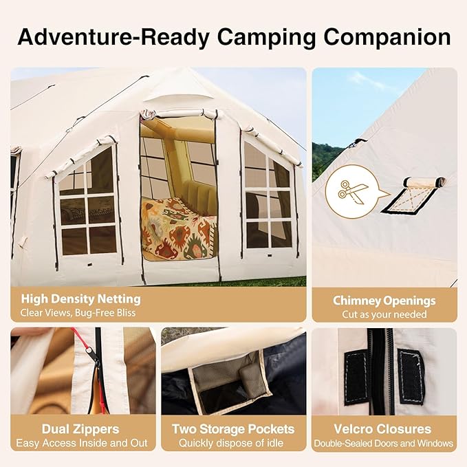 2025 Upgraded Waterproof Inflatable Camping Tent, Large Blow-Up Air Tent, No Assembly Needed Luxury Glamping House, Oxford Fabric