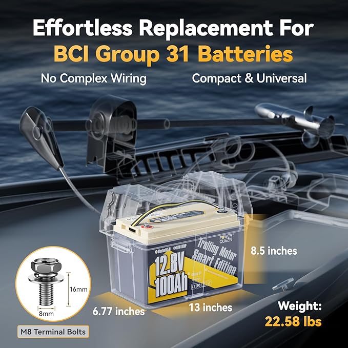Power Queen LiFePO4 Battery 12V 100Ah Bluetooth Group31 Deep Cycle Battery, Max. Output Power 1280W, 100A BMS with Low-Temp Cut-off Protection for RV, Trolling Motors, Solar System
