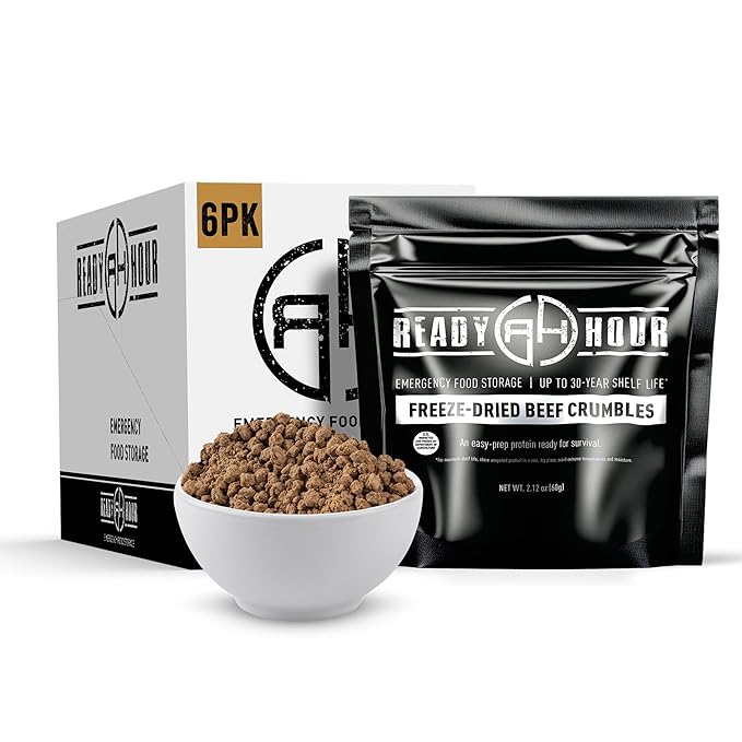 Ready Hour Freeze-Dried Beef Crumbles Case Pack – 12 Servings (6 Pouches) – Emergency Protein Supply, Long-Term Meat Storage, Prepper Meat Pack, Shelf Stable Beef, Survival Food