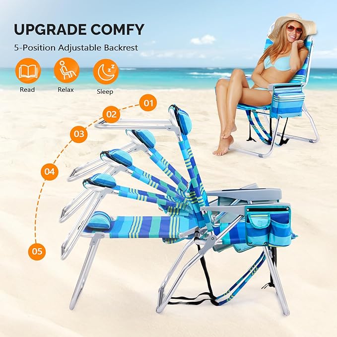 VINGLI Tall Beach Chair 2 Pack Lightweight, Backpack Beach Chair for Adults with 5-Position, Cooler Bag, Cup Holders, Towel Bar, Lightweight Folding Beach Camping Chairs