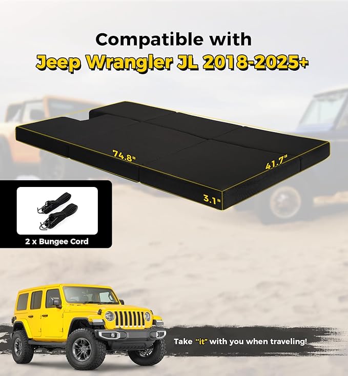 Xprite Upgraded 3" Thick Premium Foam Mattress, Foldable Trunk Sleeping Platform Compatible with 2018-2025 Jeep Wrangler JL 4 Door, Portable Camping & Overlanding Bed
