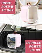 Mini Fridge for Bedroom, 4 Liter/6 Can Skincare Fridge With LED Mirror,12v AC/DC Cooler & Warmer Portable Small Refrigerator for Drinks, Makeup, Dorm, Office and Car(Pink)