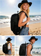 30L Foldable Backpack & Bucket Hat 2 In 1 Combo, Lightweight packable Travel and Fisherman Hat Set, Compact Collapsible Daypack with Sun Hat (Black)