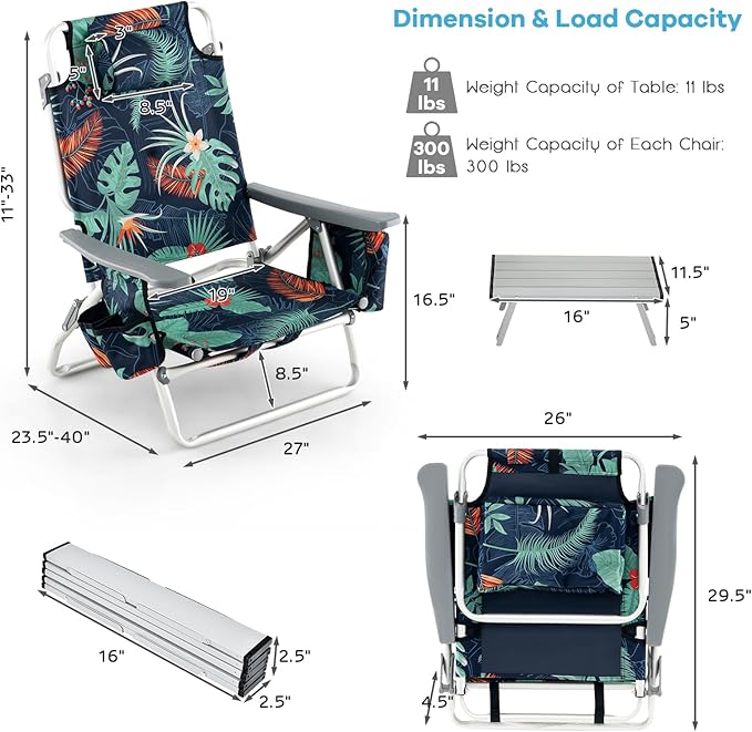 Goplus Beach Chair, Folding Backpack Beach Chairs for Adults with 5 Positions, Head Pillow, Cooler Bag, Towel Bar, Cup Holders, Sunbath Sling Tanning Lounge, Foldable Layout Camping Chairs