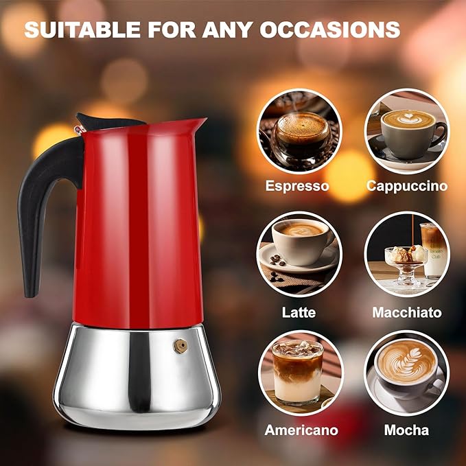 2 Cup Stovetop Espresso Maker Stainless Steel Moka Pot Stove Top Percolator Italian Coffee Makers Capable Mocha Greca Machine Cafe Classic Induction Cookers for Home and Camping 100ml 3.3oz