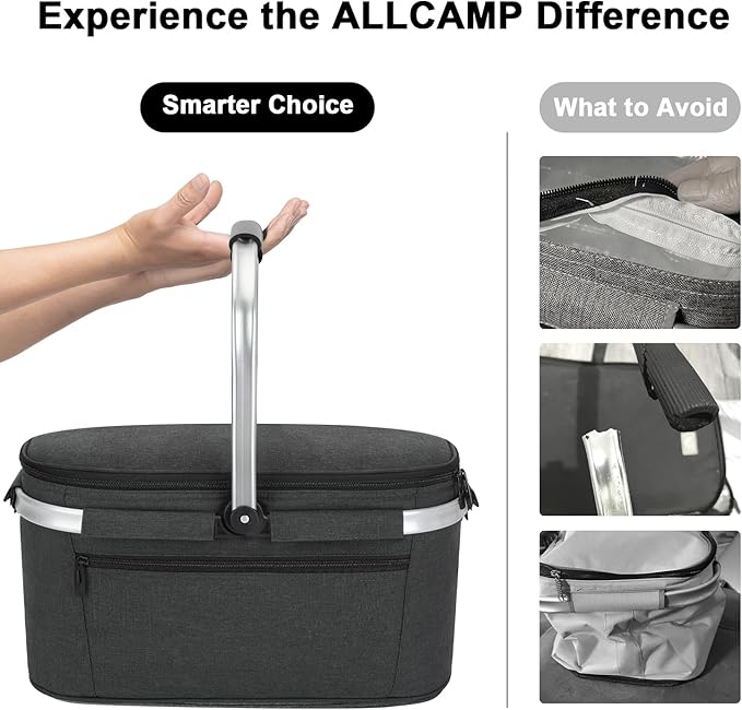 ALLCAMP Picnic Basket - 2 Ice Box Included 32L Insulated Cooler, Thickening Foldable Picnic Basket with Removable Baskets & Sewn-in Frame, Basket for House Warming Gifts New Home(Black)