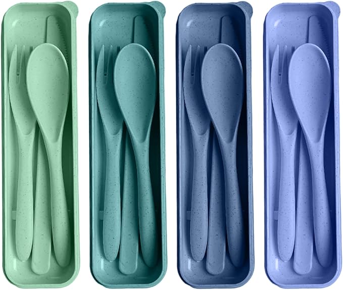 Reusable Utensils Set with Case, 4 Sets Travel Utensils with Case, Reusable Forks and Spoons Set for Lunch Box Accessories, Camping Utensils for Daily Use or Outdoor