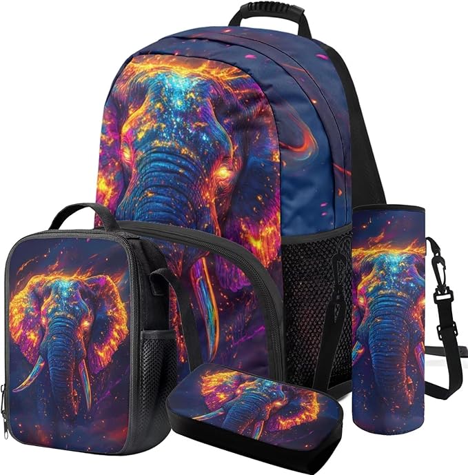 Elephant Backpack with Lunch Bag Animal Backpack for Kids Lightweight Portable Kids Bookbag and Lunch Box Set Boys 4 in 1 School Bag for Boys 7-8 Travel Daypack Camping Outdoor