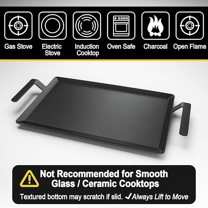 Carbon Steel Double Burner Griddle for Gas Grill–19.6" x 10.5" Flat Top Griddle Pan with Smash Burger Press& Heat Resistant BBQ Gloves,Stovetop & Induction Griddle Plate for Charbroil, Camp Chef