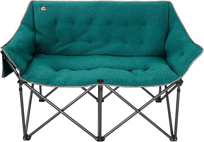 Fuzzy Oversized Folding Double Camping Chairs,Heavy Duty Supports 600 Lbs,Comfy Portable Loveseat for Adults w/Mesh Pocket,Plush Fleece-Lined Lawn Couch for Outdoor/Indoor,Dark Green