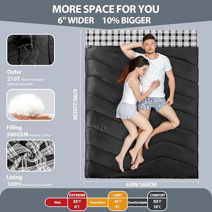 XL Queen Size 2 Person Double Sleeping Bag for Adults, Lightweight Compact with Flannel Liner & Thermolock Draft Tube, Machine Washable All Season Camping Travel