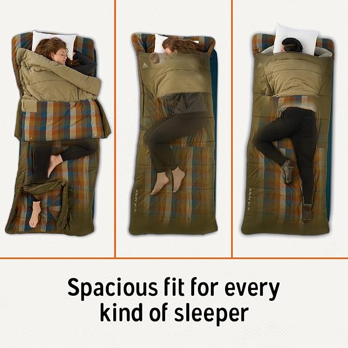 Kelty Wayback Flannel Lined Sleeping Bag, Built in Blanket, Traditional Rectangle Shape, Organic Flannel Cotton Liner, Dual Locking Slide Zips
