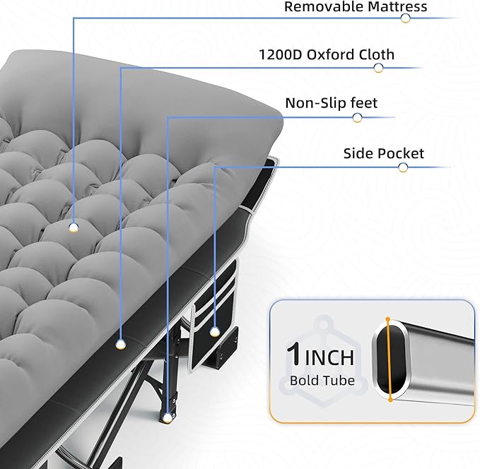 HABUTWAY Camping Cot with Mattress, 32" Extra Wide Camping Cots for Adults, Sleeping Cot for Adults Holds Up to 601LBS, Cots for Sleeping, Camp, Rv, Beach, Patio, Office Naps, 2PCS (Grey)