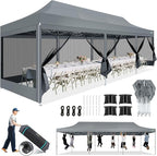 COBIZI 10x30 Canopy Tent, Heavy Duty Pop up Canopy with Sidewalls, Waterproof Easy Setup Canopy with Mosquito Netting, Outdoor Instant Screen Tents for Parties, Wedding with Roller Bag, Gray