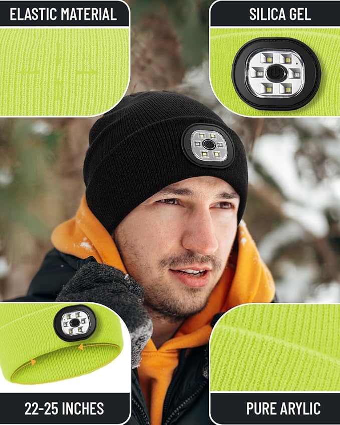 Beanie Headlamp - Unisex Winter Knit Cap Gifts for Men Dad Father with LED Hands Free USB Rechargeable Caps