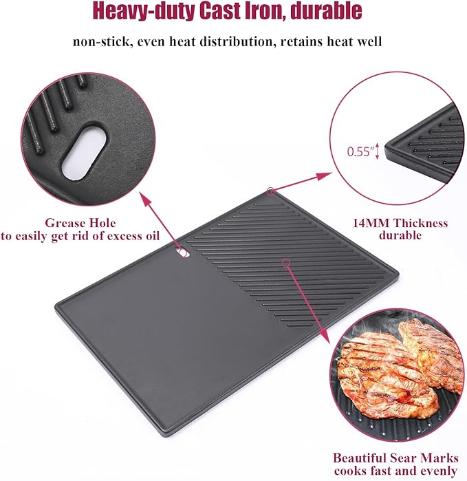17.5'' Grill Griddle 7598 for Weber Spirit I II E310 320 330, S310 320 330, Spirit 700, Cast Iron Grill Plate for Genesis 1000-3500, Cooking Pan Replacement Part for Weber 7638 7639, 1 Pack