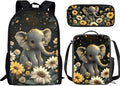 Lovely Elephant Sunflower School Backpack Set of 3, Kids Travel Bookbag Hiking Backpack Diaper Bag Insulated Lunch Bag Handbags Pencil Pouch Pen Bag for Purse Fountain Pens, Black Gray