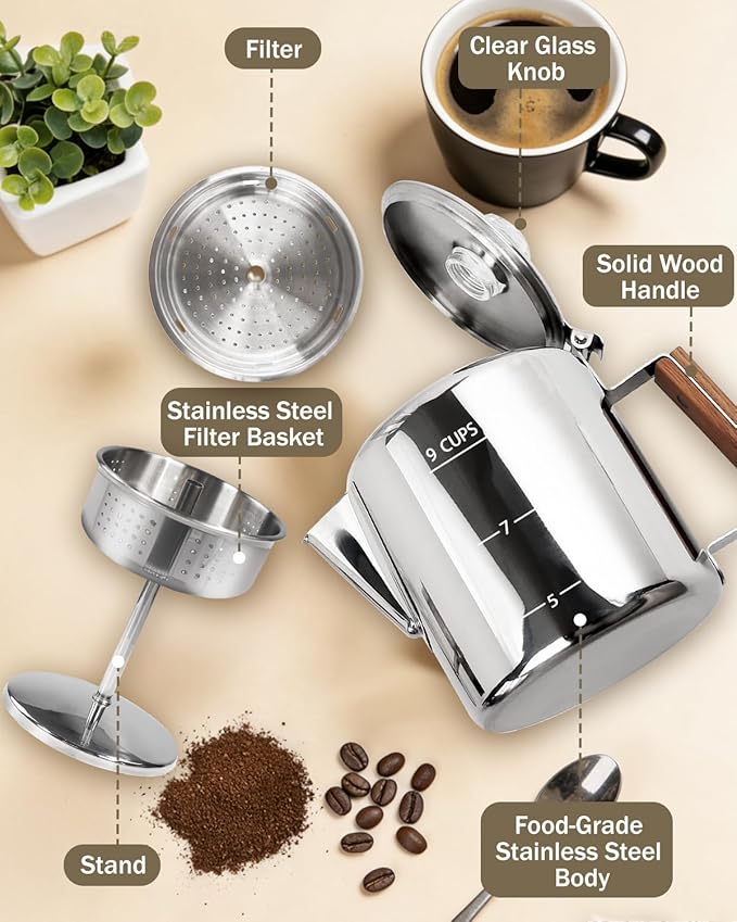Coffee Maker Coffee Percolator 304 Stainless Steel Pot Stovetop Easy Brewing Even Heating 9 Cup 50.7oz 1500ml Silver Classic Design Heat Resistant Home Camping Outdoor